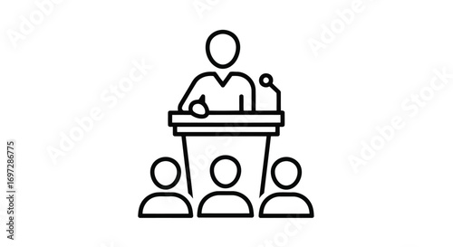 Vector illustration of simple line icon of a person speaking at a podium with an audience