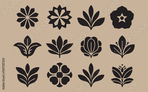 Collection of twelve black floral decorative ornaments on beige background