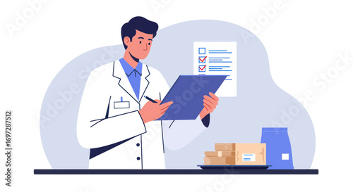 Male Doctor in Lab Coat Writing with a Pen, Concept of Medical Care