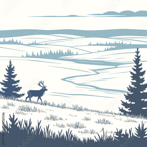 Minimalist Tundra with Single Caribou