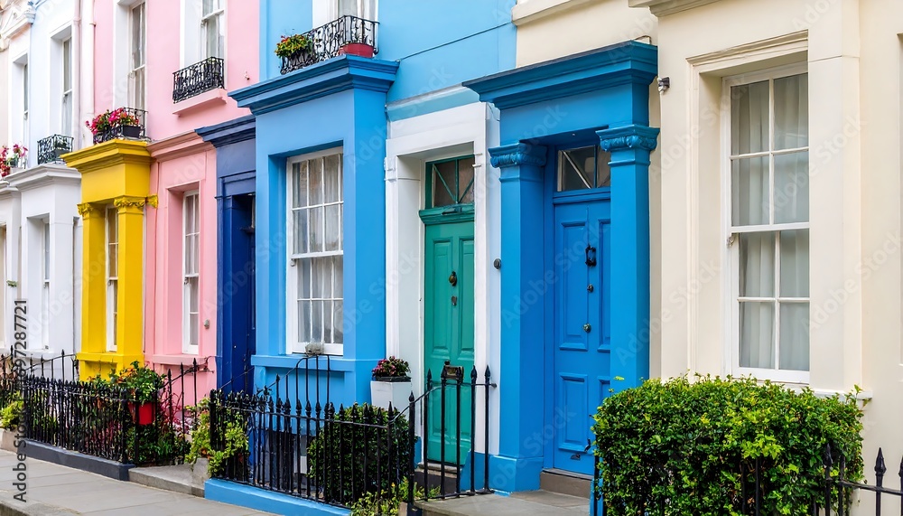 Obraz premium Vibrant row of colorful townhouses with unique facades in a charming city