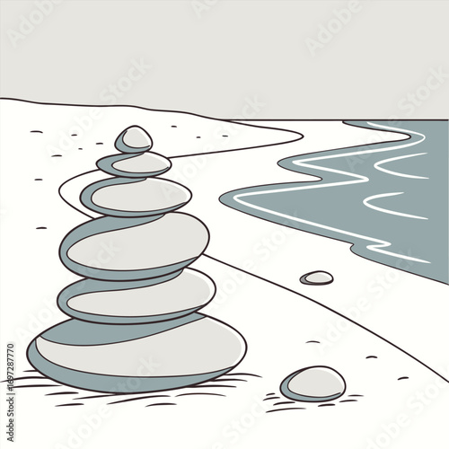 Minimalist Zen Stones Balanced on Beach