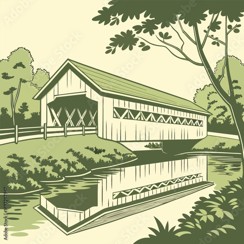 Simple Covered Bridge Reflected in Stream