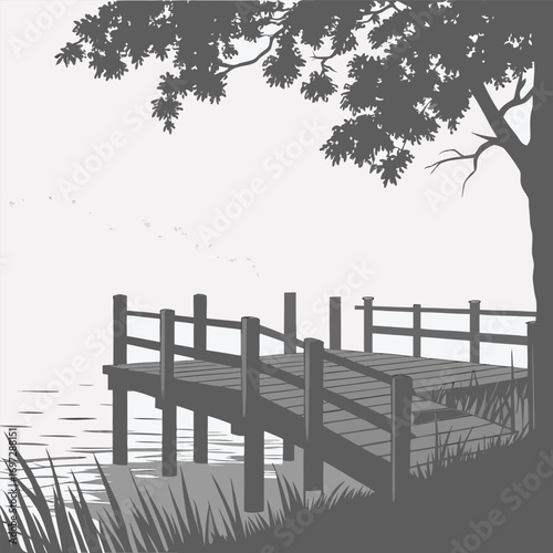 Simple Fishing Dock Extending into Fog