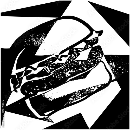 Vector Detailed burger with layered ingredients and dynamic shapes.