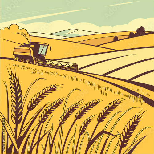 Simple Grain Field with Harvest Combine