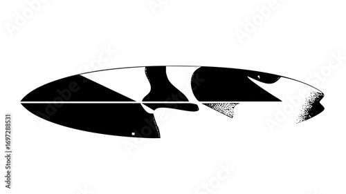 Vector Abstract surfboard with dynamic black shapes.