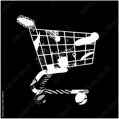 Vector Shopping cart overflowing with household items .