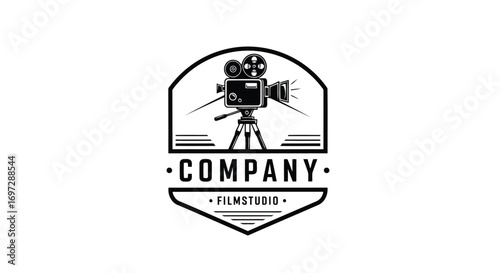 Vector illustration of vintage film studio logo with a retro movie camera on a tripod