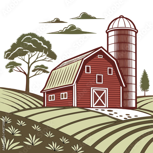 Simple Red Barn with a Silo