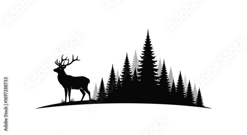 Vector illustration of silhouette of a deer standing in front of a dense forest of pine trees