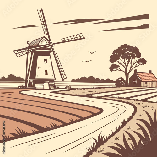 Single Windmill on Flat Horizon