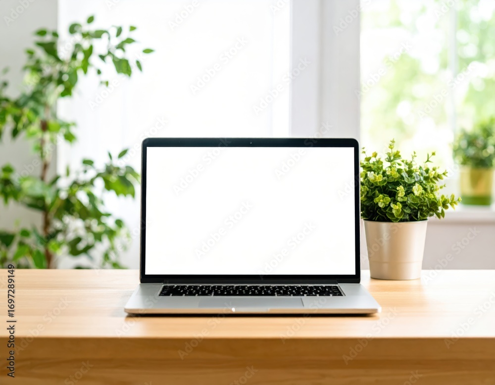 Fototapeta premium Laptop with a blank white screen sits on a wooden desk near a window and potted plants.