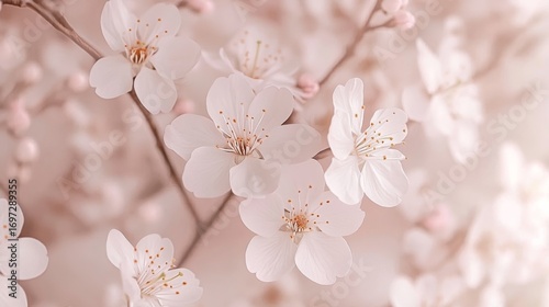 53.A flat vector illustration of cherry blossoms in full bloom, focusing on the harmonious blend of light pink and white petals. The delicate flowers are arranged on thin, winding branches with