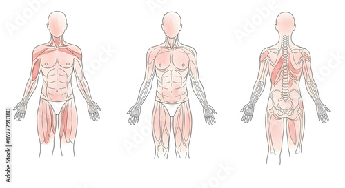 Anatomical illustration of human musculature from anterior, medial, and posterior views.