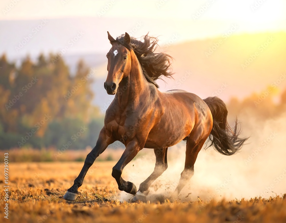 Obraz premium Powerful brown horse galloping in golden light across a field