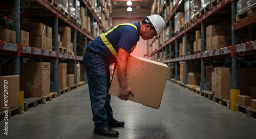 Warehouse worker experiencing back pain from improper heavy box lifting. Workplace safety and ergonomic risk.