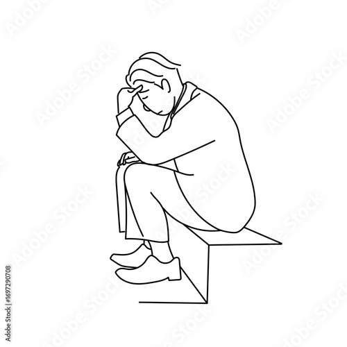 スーツ姿で悩み落ち込む男性をシンプルな線画で描いたベクターイラスト｜ビジネスシーンのストレスや困難を表現したシンプルなモノクロ人物素材