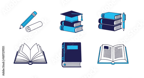 Vector illustration of collection of educational icons including books, graduation cap, pencil, and eraser
