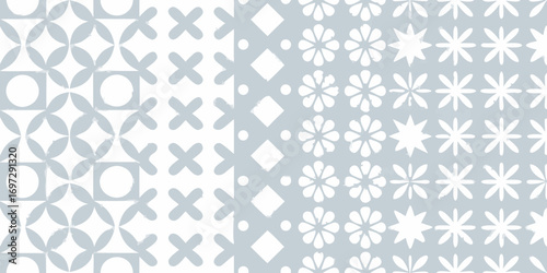 Seamless pattern collection featuring geometric and floral motifs in white and light blue