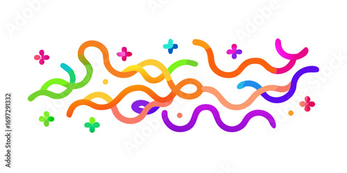 Vibrant colorful wavy lines and confetti shapes on a black background abstract design