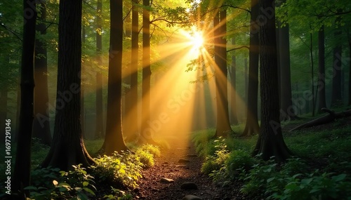 Golden sunbeams pierce through gaps in a dense forest canopy, illuminating the forest floor with dappled light Perfect for nature, serenity, and environmental themes , nature, sun