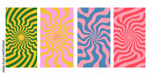 Four colorful abstract backgrounds with swirling radial patterns in retro psychedelic style