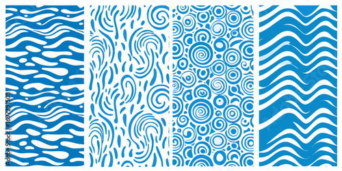 Four abstract blue and white seamless patterns with organic wavy and swirling designs