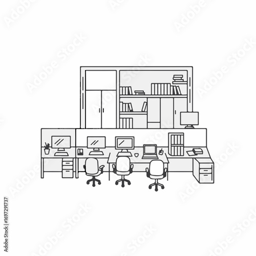 Modern office workstation setup with computers, laptops, chairs, and bookshelves conveying productivity and professional workspace environment