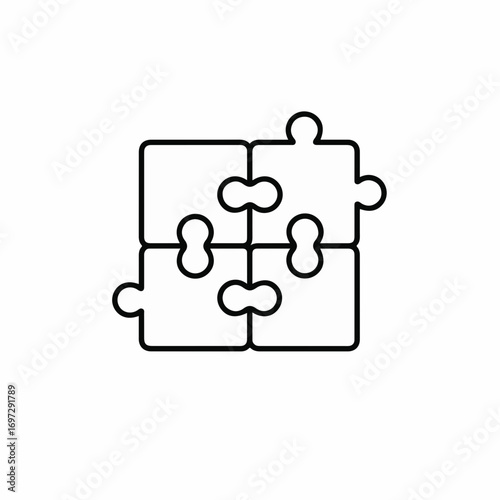 Four interconnected puzzle pieces symbolizing teamwork, strategy, and problem-solving for business success and collaborative projects