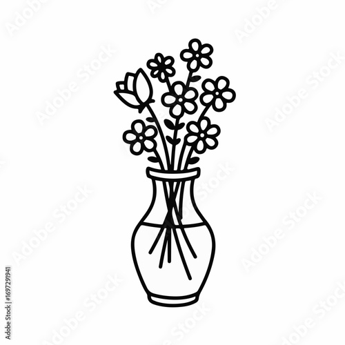 Charming black and white line art bouquet of delicate flowers in a simple glass vase, perfect for elegant designs and natural themes
