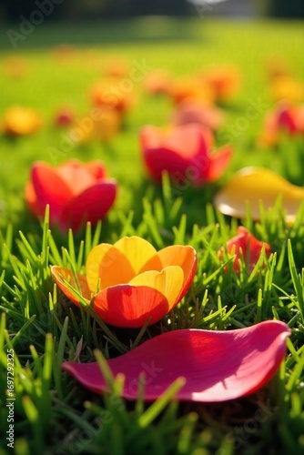 Close-up of vibrant, colorful petals scattered on lush green grass outdoors, bathed in sunlight Perfect for spring, nature, and floral themes Delicate details showcased , petal, wallpaper