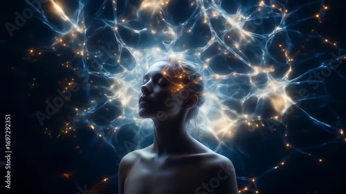 Glowing neural connections and sparks illuminating womans brain, symbolizing mental energy and dark cosmic light, evoking serene thoughts, mystical brain activity, and cosmic energy flow through