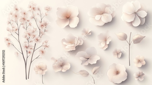 55.A standalone vector set of cherry blossoms, showcasing a collection of individual flowers and branches in full bloom. The layered petals blend light pink and white hues with fine detailing and