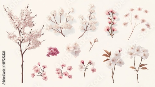 55.A standalone vector set of cherry blossoms, showcasing a collection of individual flowers and branches in full bloom. The layered petals blend light pink and white hues with fine detailing and