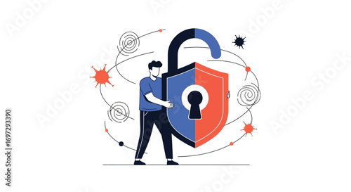A person holding a large padlock shield to defend against digital viruses and cyber threats, a vector illustration symbolizing internet security and data privacy