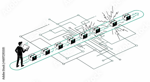 Man Monitoring Automated Production Line Flow with Digital Tablet