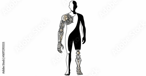 Futuristic illustration of human evolution into a cyborg, showcasing the duality of biology and mechanical cybernetic enhancements