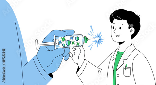 Illustration of two scientists discovering a revolutionary new vaccine, a glowing syringe symbolizing a breakthrough in immunization and medical research