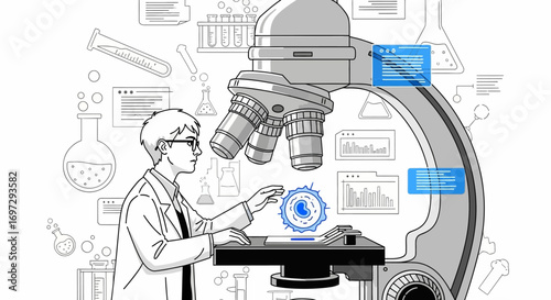 Scientific researcher working in a laboratory with an advanced microscope featuring a futuristic digital interface for data analysis