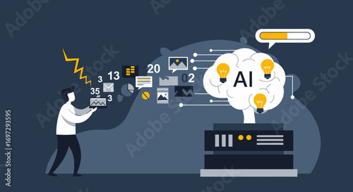 Flat design vector illustration of a person feeding data into an artificial intelligence system for processing, analysis, and machine learning