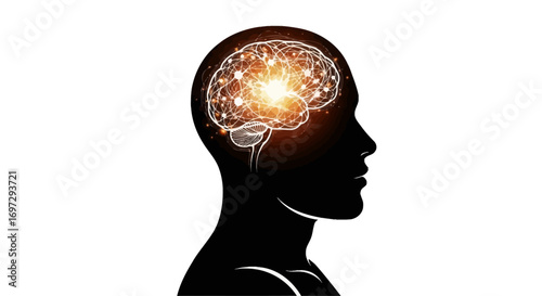 Silhouette of a human head with a glowing digital brain, representing the fusion of artificial intelligence, neuroscience, and human consciousness