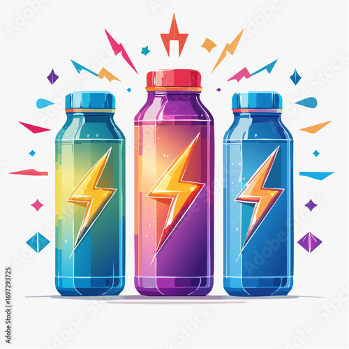 Vector set of energy drinks with dynamic lightning and vibrant neon colors, futuristic style