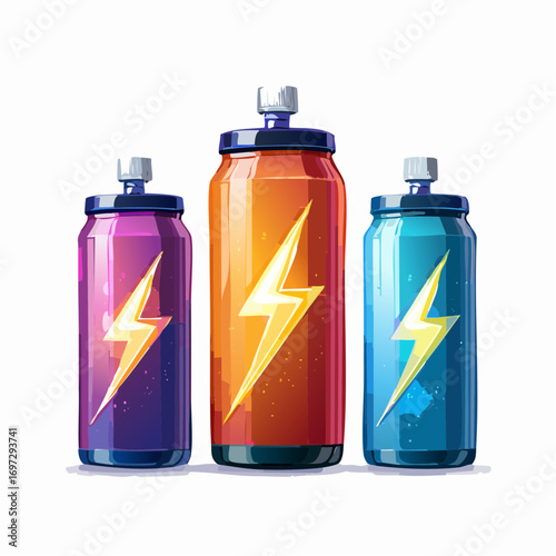 Vector set of energy drinks with dynamic lightning and vibrant neon colors, futuristic style