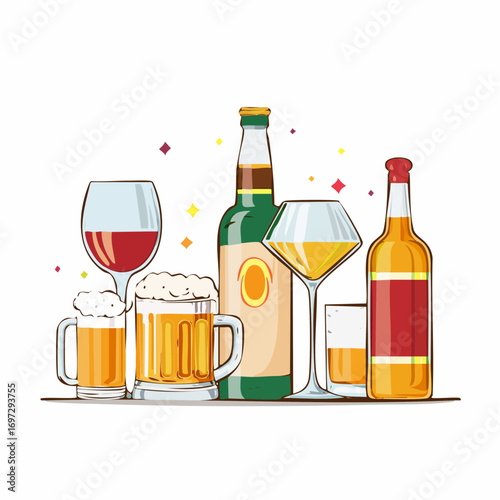 Vector illustration of alcoholic beverages including beer mugs, wine glasses, whiskey, and cocktails, detailed line art
