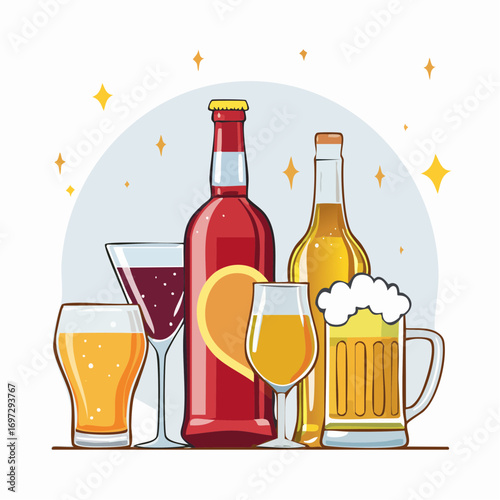 Vector illustration of alcoholic beverages including beer mugs, wine glasses, whiskey, and cocktails, detailed line art