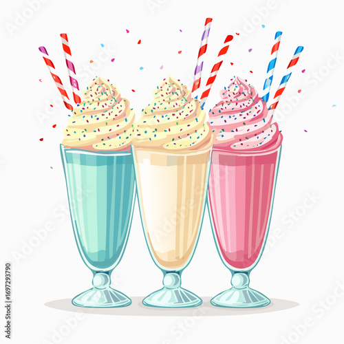 Vector drawing of milkshakes in tall glasses with whipped cream, sprinkles, and straws, retro diner style