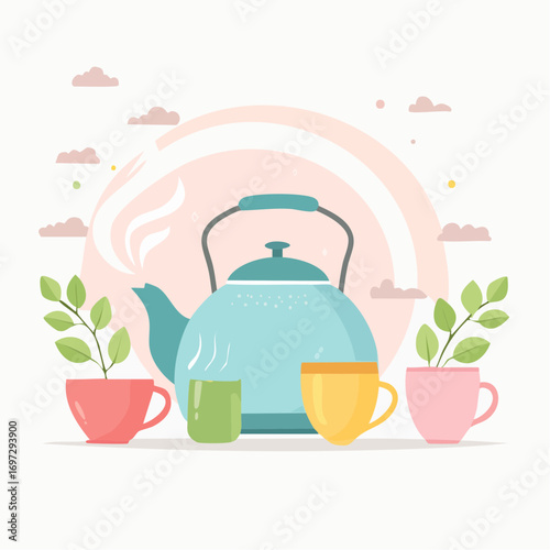 Minimalist vector art of various tea drinks with teapots, tea leaves, and steam, soft pastel tones
