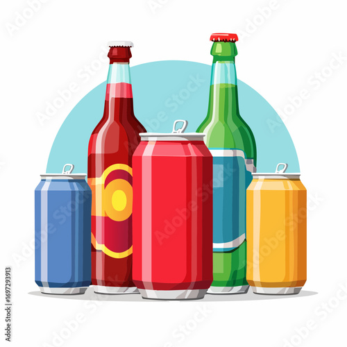 Vector illustration of soda cans and bottles in different flavors, bright pop-art style with bold colors