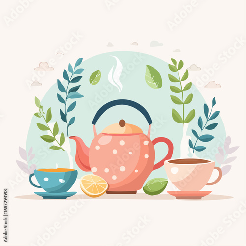 Minimalist vector art of various tea drinks with teapots, tea leaves, and steam, soft pastel tones